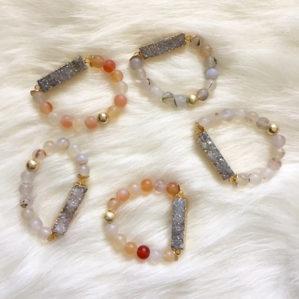 Frosted Agate and Iridescent Druzy Bar Bracelet